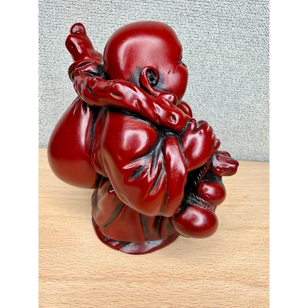 Vintage Red Cinnabar‎ Resin Laughing Buddha Hotei Statue Good Luck Figurine 5